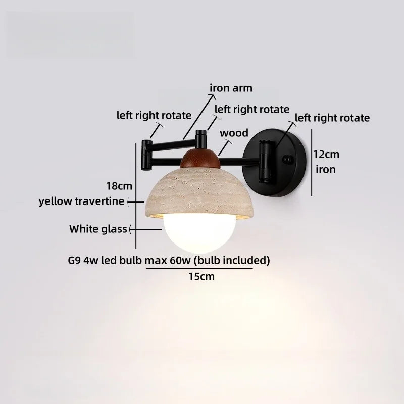 Axyaa Wabi Sabi LED Wall Lamp Sconce Black Iron Arm Yellow Travertine Stair Light