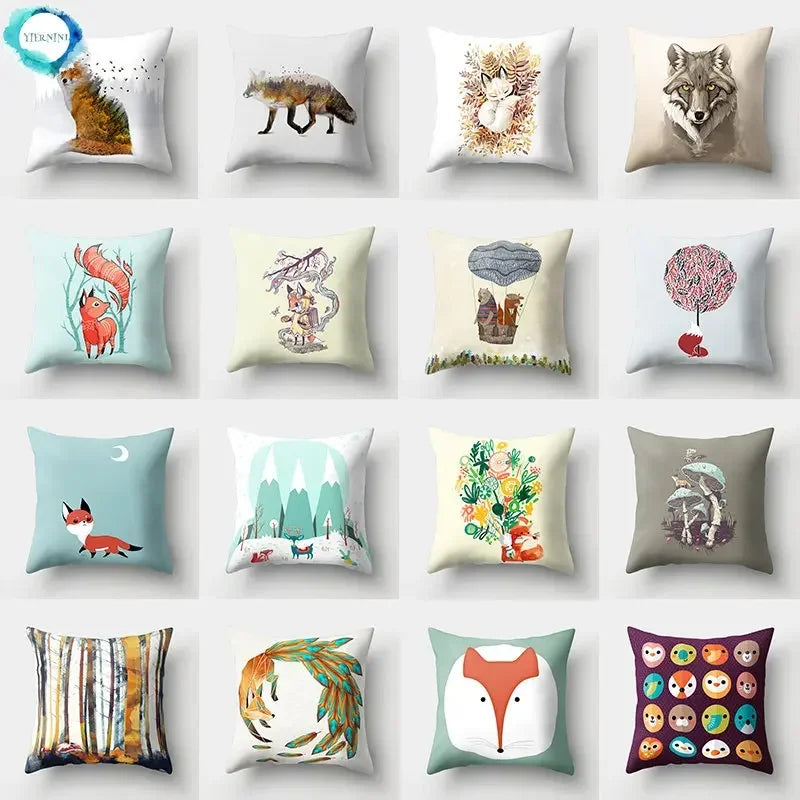 Fox and Bird Polyester Pillowcase by Axyaa: Cartoon Landscape Cushion Cover for Sofa