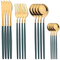 Axyaa 16-Piece Stainless Steel Black Gold Cutlery Set Silverware Dinnerware Flatware