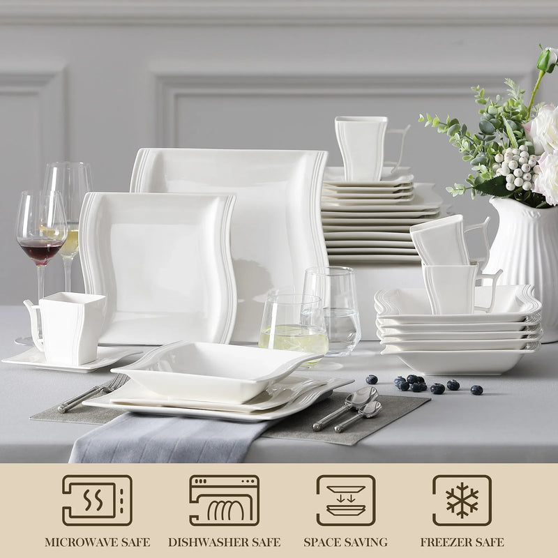 Axya FLORA 30/60-Piece White Porcelain Dinner Set for 12 Person