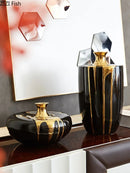Axyaa Black Gold Ceramic Vase Modern Floral Decor Crafts Glaze Porcelain Flowers Pot