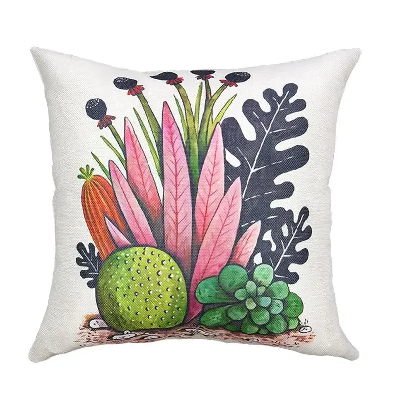 Axyaa Cactus Linen Cushion Cover 45x45cm for Home Decor - Green Plant Pillow Cover