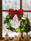 Axyaa Holly Wreath Ornament: Green Acrylic with Red Bow, Christmas Tree & Window Decor