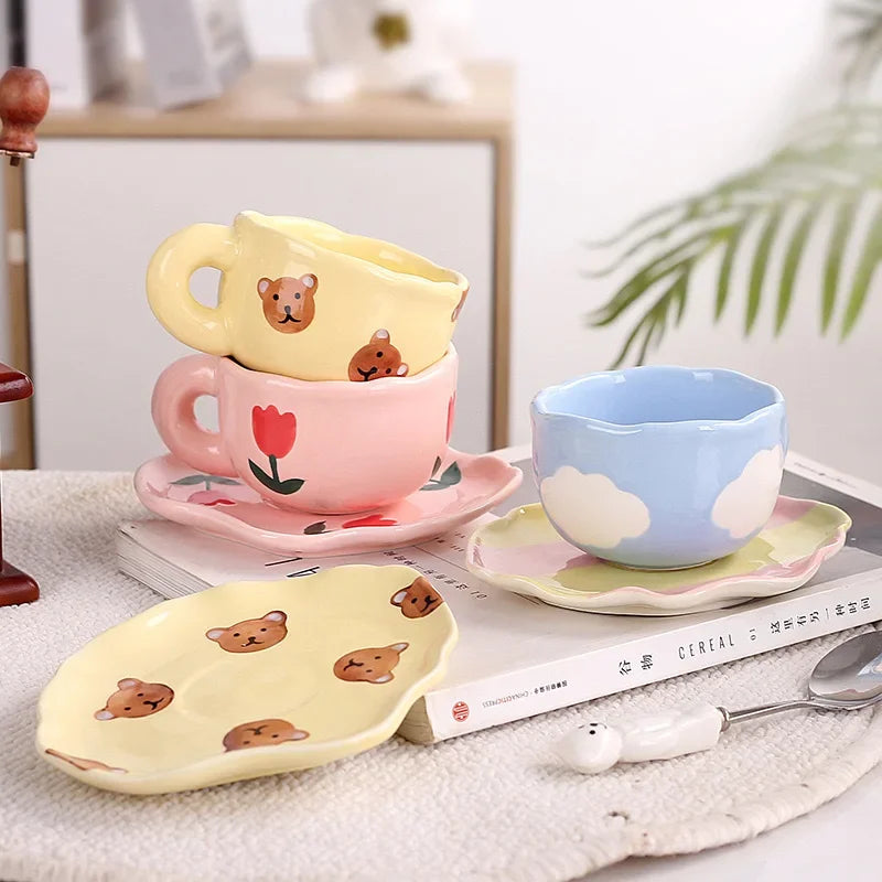 Ceramic Coffee Mug Set Creative Hand-painted Tea Cup with Saucer by Axyaa