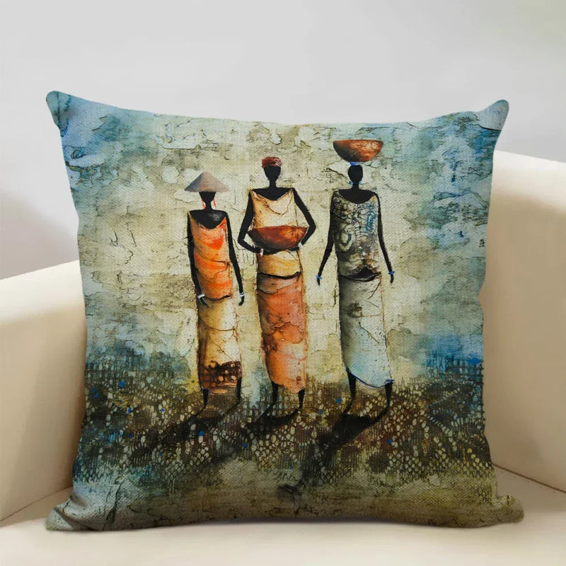 Axyaa African Oil Painting Art Pillow Case 45x45cm Linen Cushion Cover