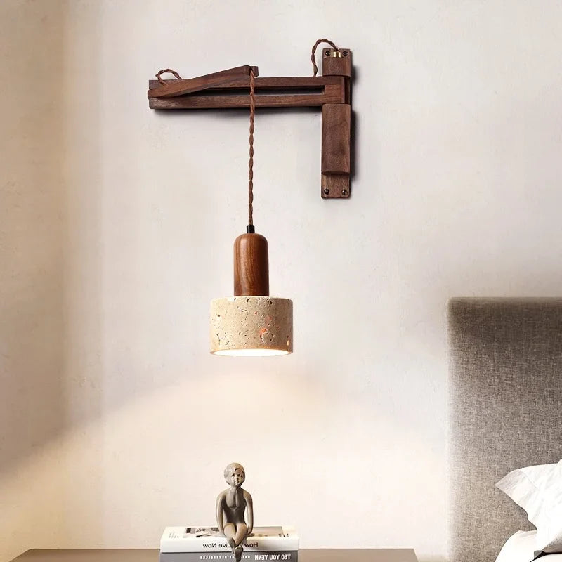 Axyaa Nordic LED Wall Sconce Yellow Travertine Stone Wood Handle Stair Light