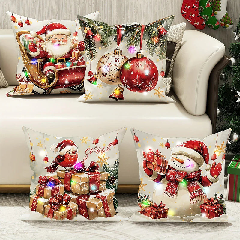 Axyaa LED Santa Snowman Bird Pattern Pillowcase for Christmas Home Decoration
