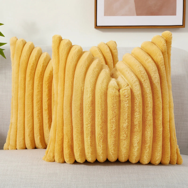 Axyaa 16x16 Faux Fur Striped Pillow Covers 2pcs - Soft Plush Velvet Back