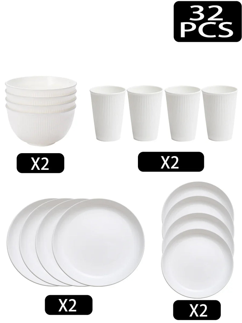 Axyaa 32pcs Reusable Plastic Cutlery Set, Wheat Bowls, Dessert Plates - Eco-Friendly Party Supplies