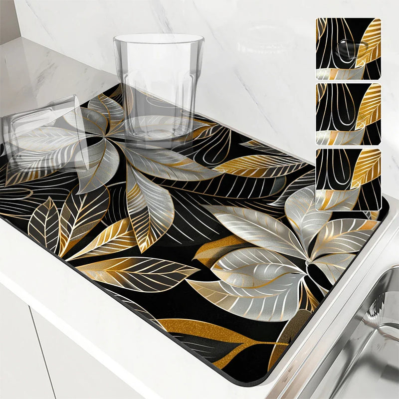 Axyaa Metallic Floral Branches Drying Mat: Non-Slip Absorbent Placemat