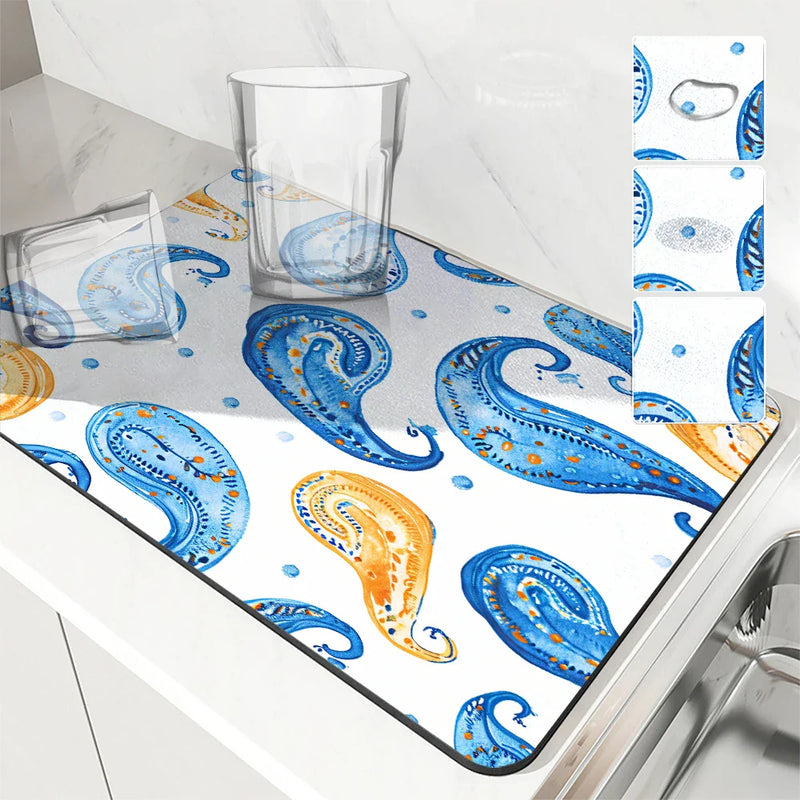 Axyaa Paisley Pattern Absorbent Dish Drying Mat with Rubber Backing