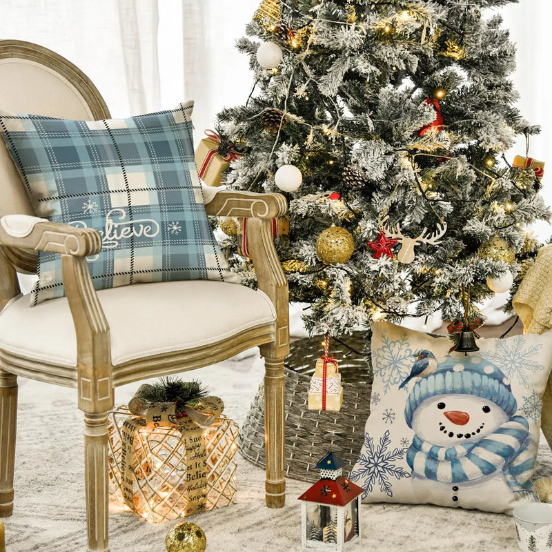 Winter Snowman Snowflake Xmas Throw Pillow Covers by Axyaa - Set of 4