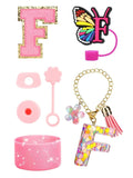 Axyaa Cup Set: Initials Silicone Straw Cap Boot Handle Sticker Charm