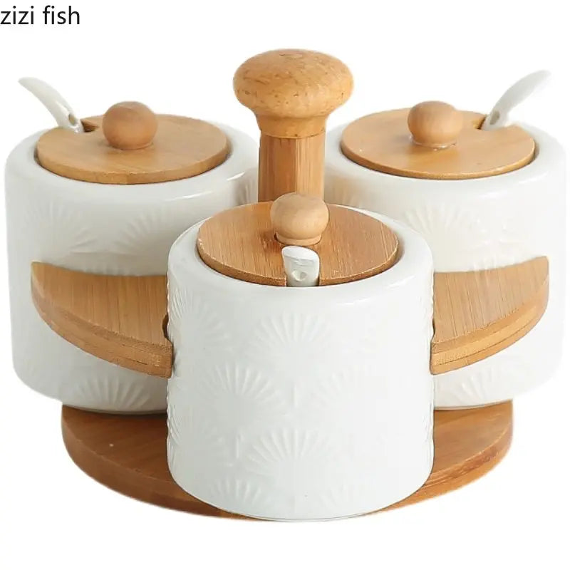 Axya Ceramic Spice Jars Set with Wooden Stand - 3-Piece Kitchen Seasoning Box