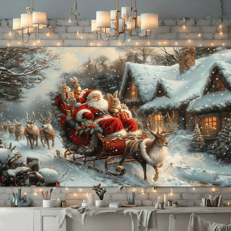 Axyaa Christmas Santa Claus Reindeer Print Tapestry Party Decoration Background Cloth