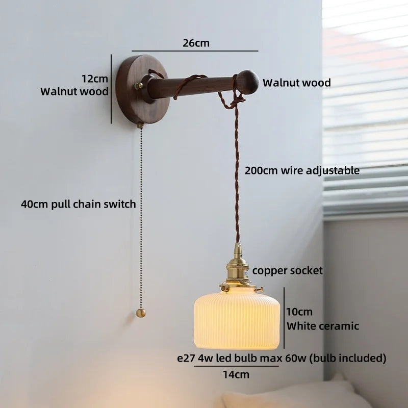 Axyaa Round Ceramic E27 Wall Lamp with Pull Chain Switch and Warm LED Light