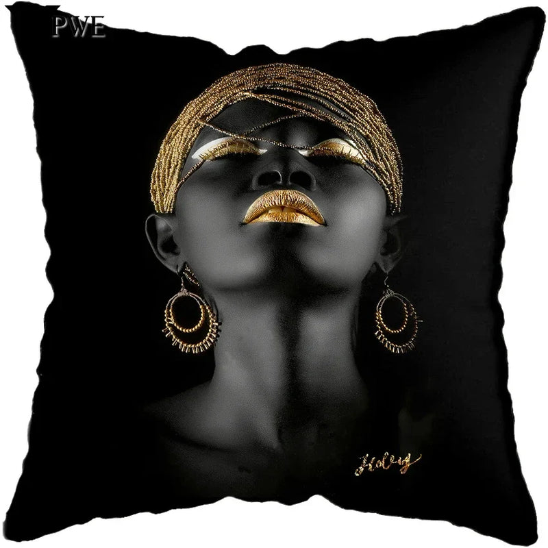 Axyaa Black Gold African Lady Woman Art Deco Pillowcase