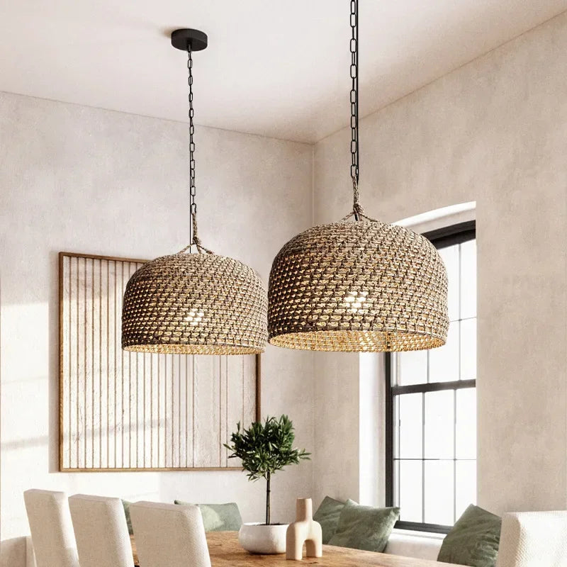 Axyaa Rope Rattan Chandelier: Wabi Sabi Retro Pendant Lights for Home Decor