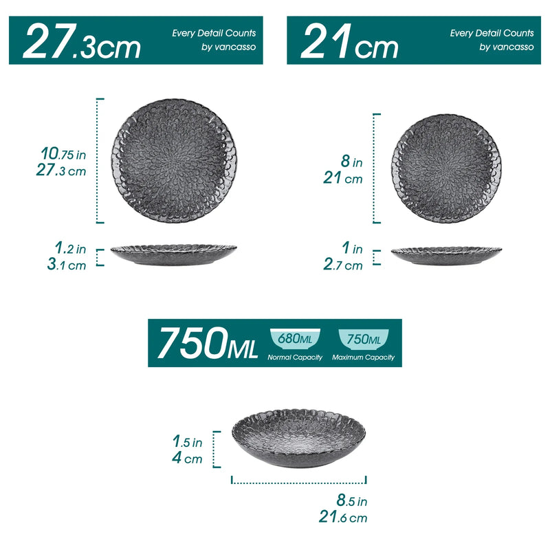 Axya Chrys Grey Ceramic Dinnerware Set for 6/12, Service for 12/24 Piece