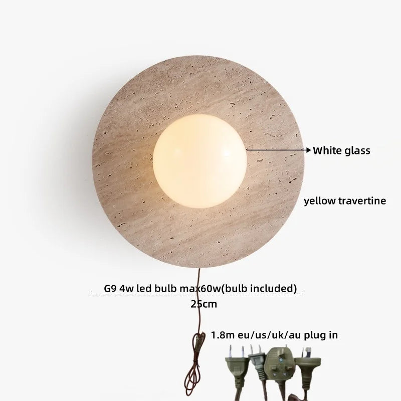 Axyaa Wabi Sabi LED Wall Light Yellow Travertine Stone Glass Ball Wandlamp