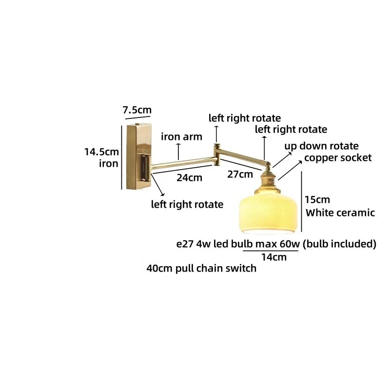 Axyaa Nordic LED Swing Arm Wall Lamp Gold Rotate Bedroom Bedside Light