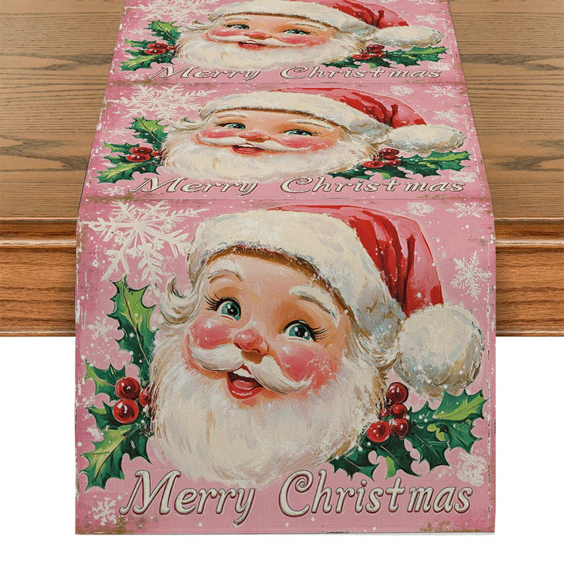 Pink Santa Claus Holly Berry Table Runner by Axyaa for Dining Room Style