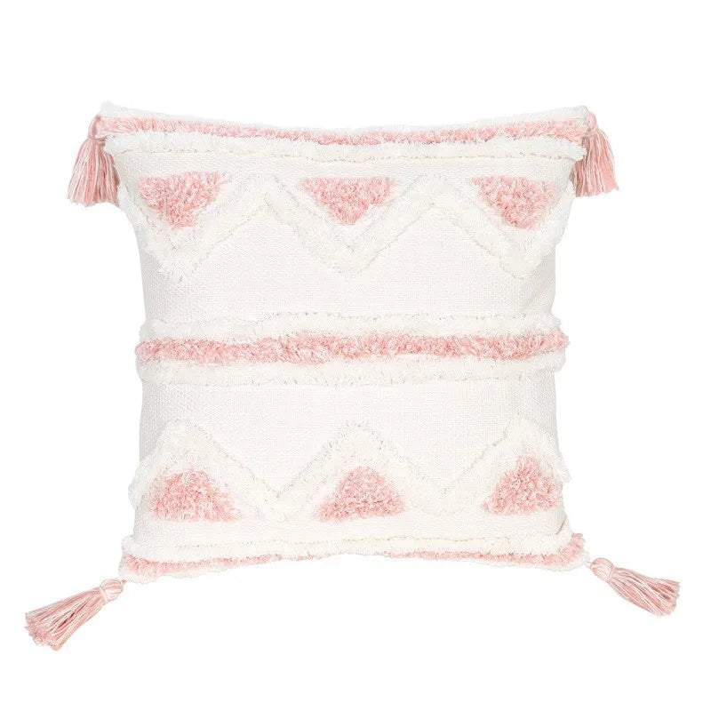 Bohemian Pink Geometric Tassel Throw Pillow Cover for Living Room Sofa by Axyaa
