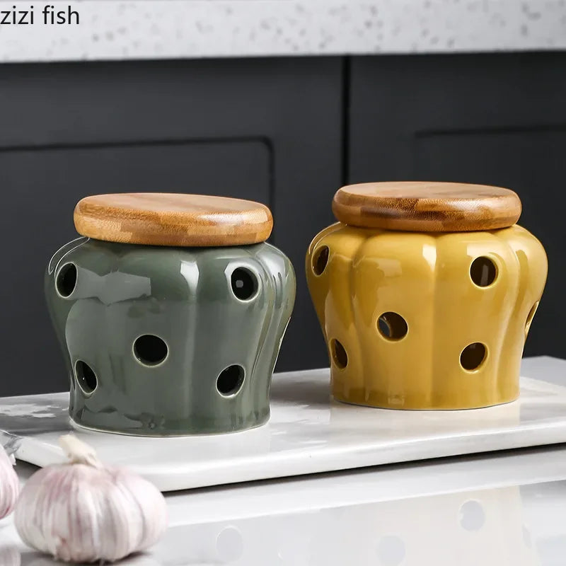 Axya Ceramic Garlic Ginger Jar with Wooden Lid Home Kitchen Organizer Container
