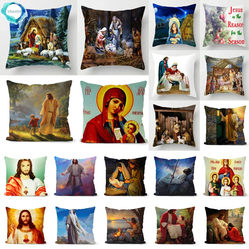 Retro Oil Painting Christmas Pillowcase - Axyaa Nativity Cushions Case Jesus Christ Print Throw Pillows Case