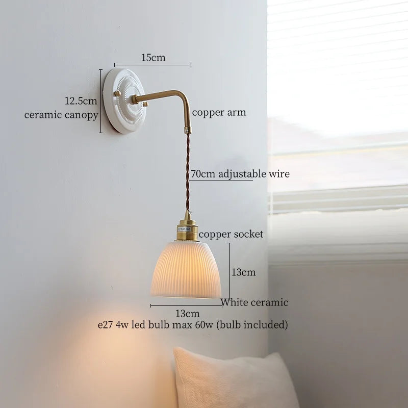 Axyaa Pleats Ceramic LED Wall Sconce Lamp with Adjustable Copper Arm