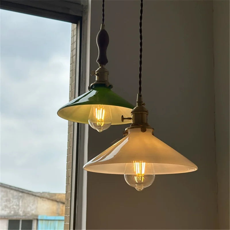 Axyaa White Green Glass LED Pendant Light with Copper Socket