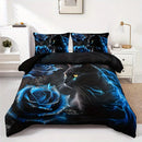 Black Cat Blue Rose Duvet Cover Set - Axyaa Floral Animal Bedding