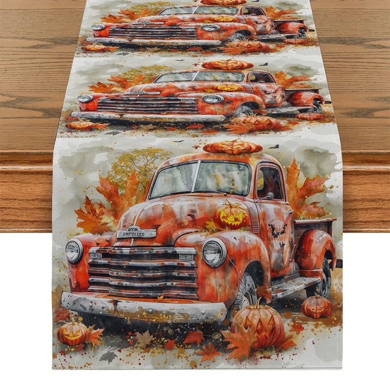Axyaa Thanksgiving Table Runner Pumpkin Maple Leaf Decor for Dining Coffee Table