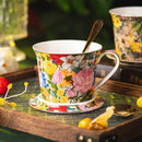 Axyaa Camellia Flower Fine Bone Coffee Cup with Lid - Colorful Floral Mug