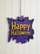 Axyaa Happy Halloween Wooden Hanging Sign with Bat Design in Purple & Yellow