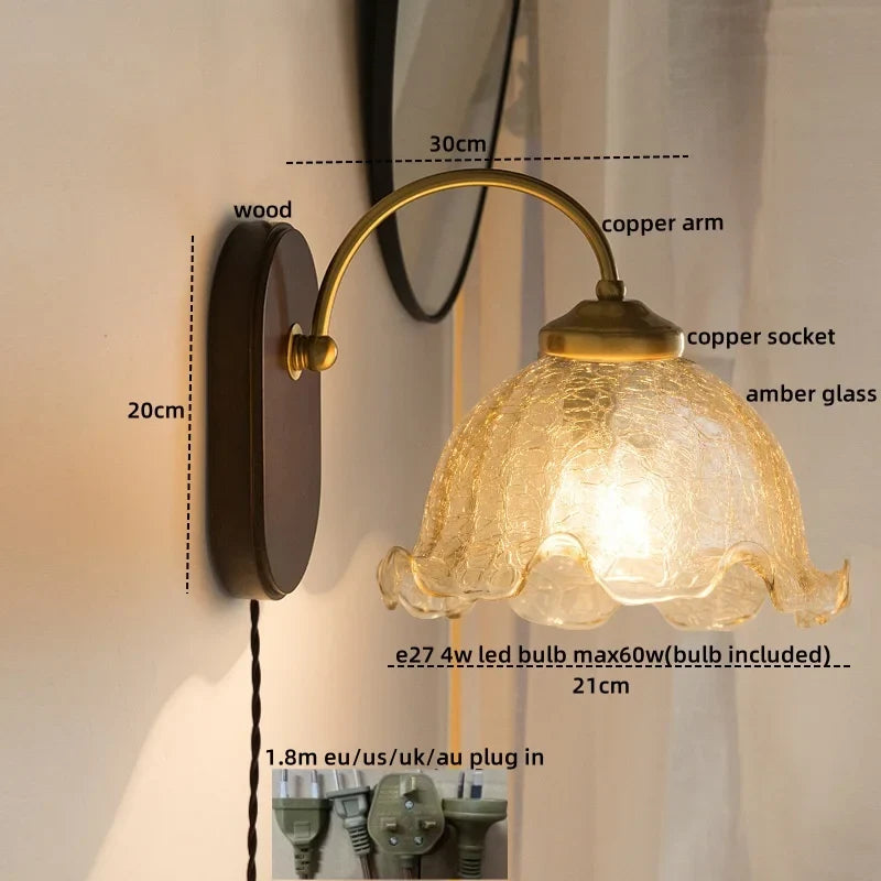 Axyaa Nordic Glass Copper LED Wall Light for Bedroom Bathroom Living Room