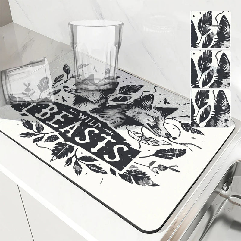 Axyaa Plant Leaves Kitchen Mat - Absorbent, Antiskid, Quick Dry Dish Drying Pad