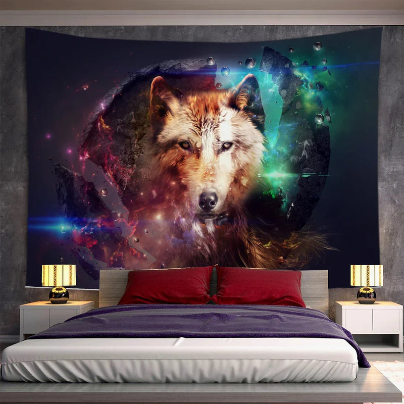 Axyaa Psychedelic Moon Wolf Wall Hanging Tapestries for Home Decor
