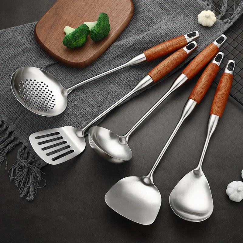 Axyaa Stainless Steel Wooden Handle Kitchen Utensils Set