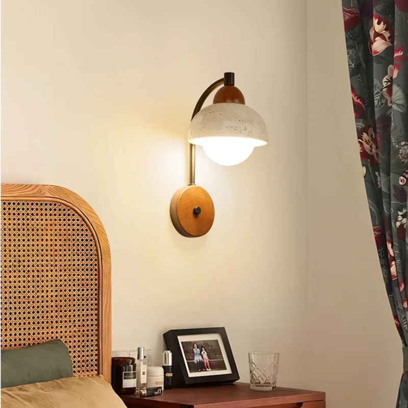 Axyaa LED Wall Lights Bathroom Decor Pull Chain Switch Black Iron Yellow Travertine