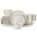 Axyaa 32pc White Stoneware Dinnerware Set | Elegant Relief Design Dinner Plates & Bowls