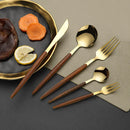 Axyaa Wood Grain Handle Gold Steak Knife and Fork Set