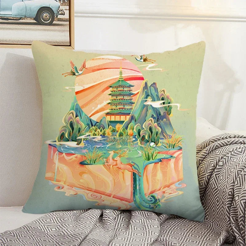 Axyaa Chinese Landscape Pillowcase 40x40 50x50 Cushions Covers Home Decor