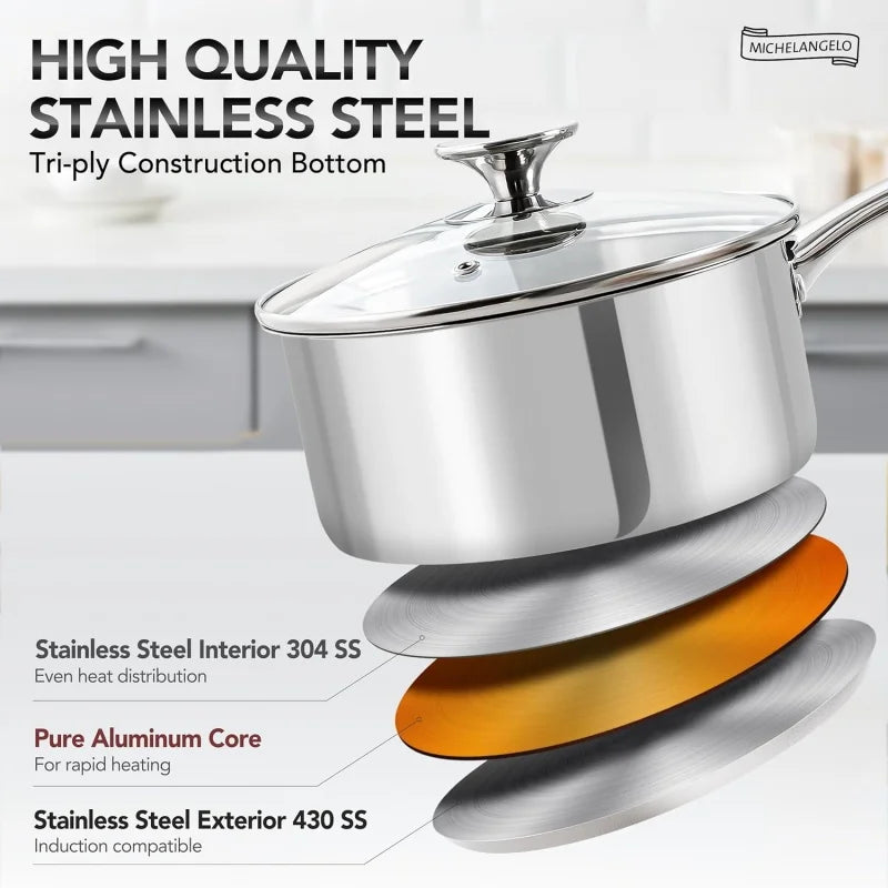 Axyaa 3Pc Stainless Steel Stew Pot Set with Lid & Steel Handle, Induction Compatible
