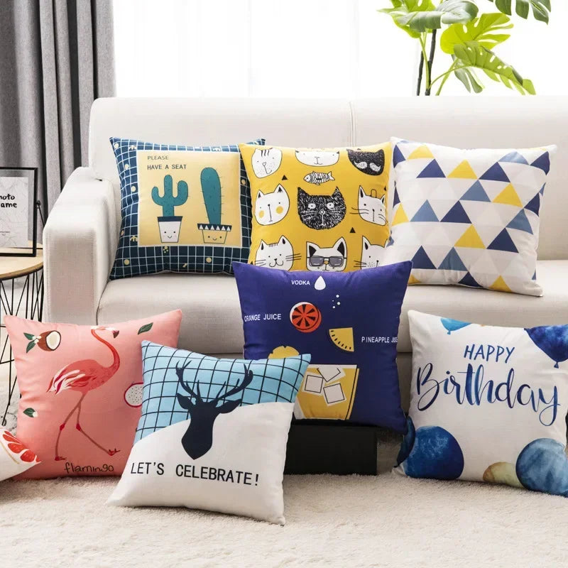 Nordic Cartoon Print Pillow Cover for Axyaa Square Cushion Sofa Decor