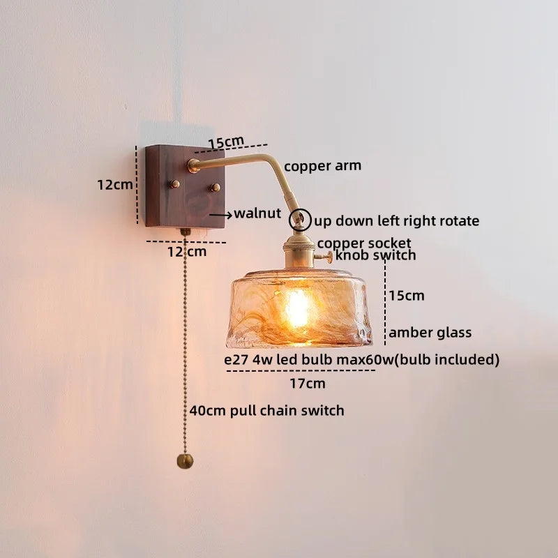 Axyaa Glass Walnut LED Wall Light Fixtures for Modern Home Decor