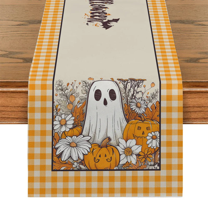Axyaa Cute Ghost Chrysanthemum Table Runner - Halloween Party Decor and Dresser Table Accent