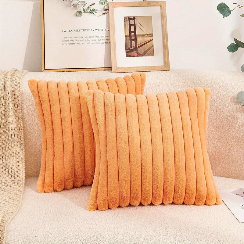 Axyaa Pink Striped Faux Fur Cushion Cover 18x18in for Home Decor