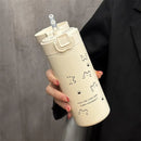 Axyaa Cat Thermos Water Bottle with Straw: Portable Stainless Steel Thermal Cup