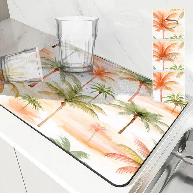 Axyaa Tropical Plants Absorbent Anti-slip Dish Mat - Quick Dry Kitchen Drying Pad